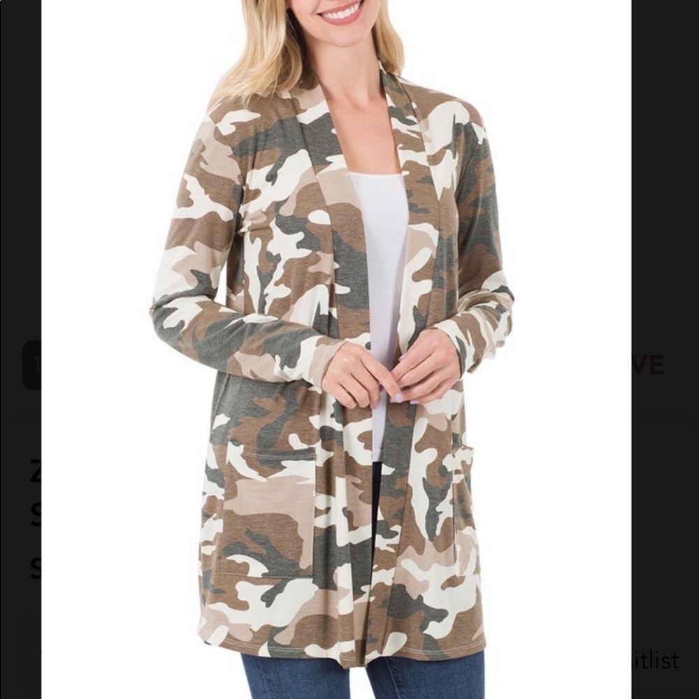 Zenana Camo Mid-Thigh Slouchy Pocket Open Cardigan